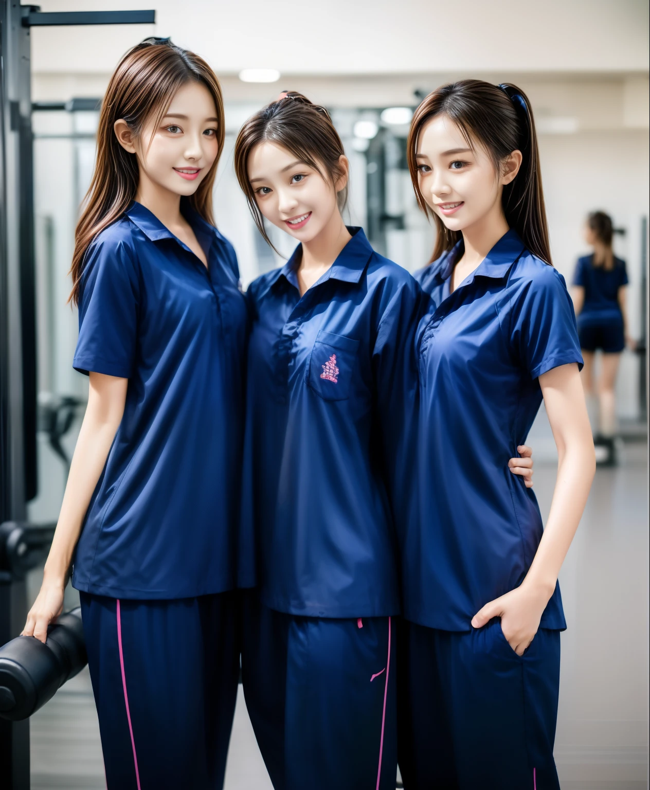 3 girls in fitness center, Navy blue short-sleeved shirt,Navy Long Trackpant,Sweatpants, Sweatpantsขายาว,25 year old girl, lesbian, sexy, exercise clothes, wet body, exercise clothes