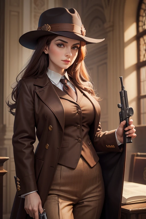 adagio dazzle as commisioner tudor miclovan sergiu nicolaecu female  cu mainile curate 1945 with brown suit and brown fedora with a smith and wesson victory model 10th