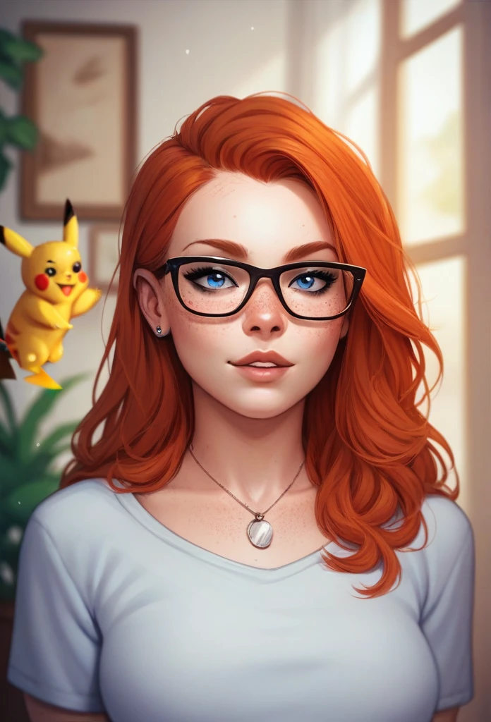 Pikachu only + glasses + redhead freckles girl, blue eyes