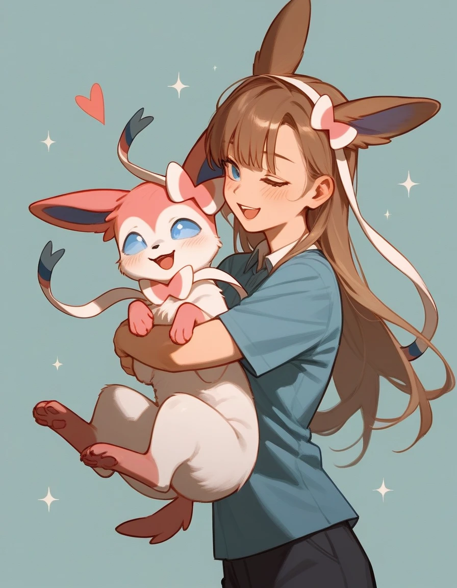 score_9,score_8_up,score_7_up, feral sylveon, happy, carried in arms of a human.