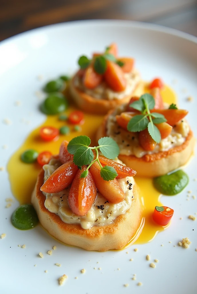 Trilogy of seafood in cream au gratin on crispy dough accompanied by tricolor paprika salad and green cilantro sauce on a white plate