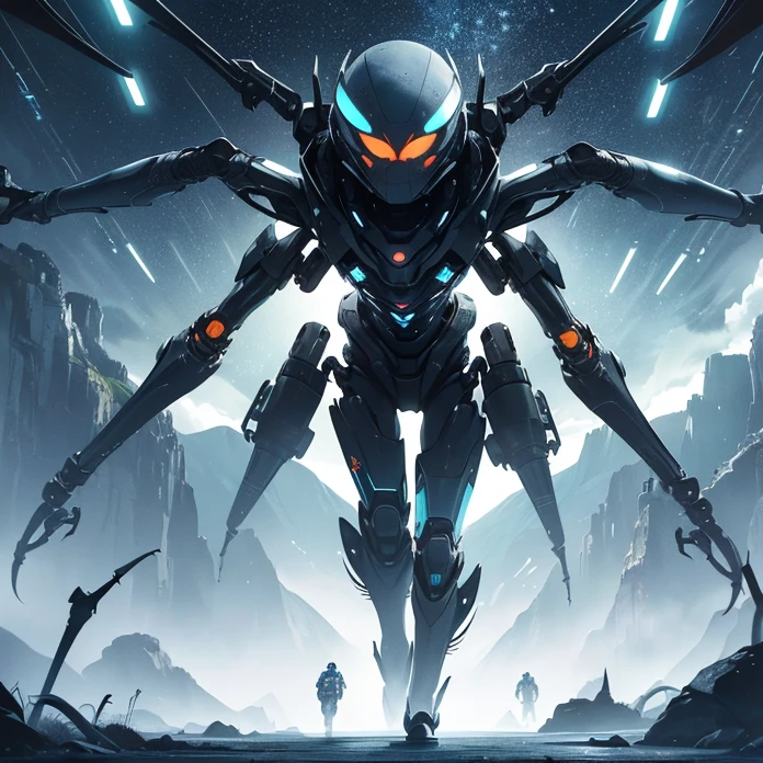 Absurdres, best high quality, high resolution, masterpiece, best quality, HD, solo character, simple background, science fiction, alien being, solo, full design
{{giant biomechanical spider: (10 light-blue rounded eyes, silver spider mouth tendrills, four spider orange metalic legs, rounded blue colored metalic body, spider tail similar to a steel silver capsule), (walking calmly and peaceful, projecting a grey ologram screen on its back with only a little squared platform behind), (green sky, black stars on the sky, white stars on the sky, dark green clouds, yellow planet atmosphere, giant rounded mountains at the far side)}}