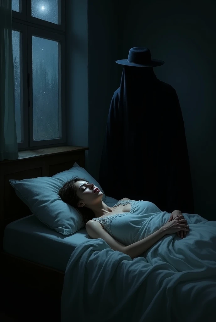 A woman lying in bed who is sick and a dark man almost a shadow with a hat watches her during the darkness of the night