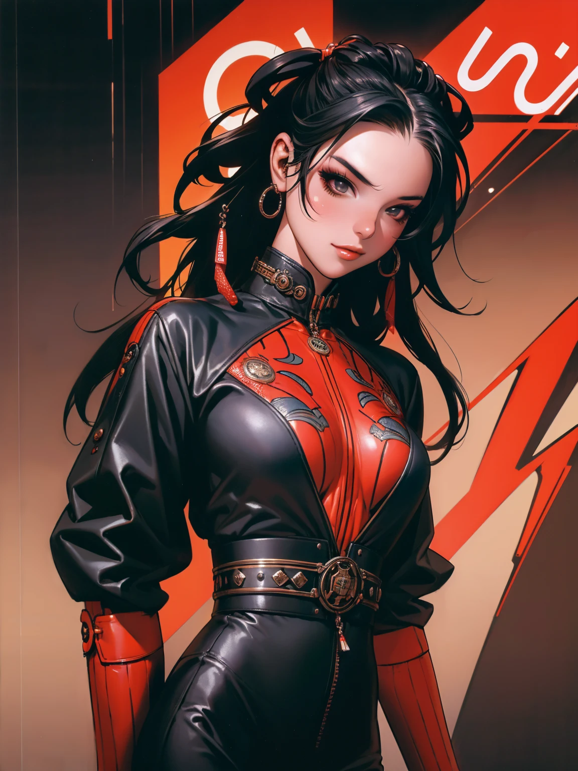 (((best qualityer))), (((manga strokes))), a young girl beautifully dressed in modern winter clothes, pants with red and black zig-zag pattern, top gift vertical stripes, short jacket with dark fur collar, beautiful and expressive face, slightly-smile, big eyes with long black eyelashes, heavy make-up, chains and zippers spread across clothes, contrasting colours, pose de atitude, hair with a modern and futuristic cut, urban game poster art, dramatic camera angles, graffiti art elements in the background, design mixing contemporary and retro by Shepard Fairey, (((cowboy shot)))