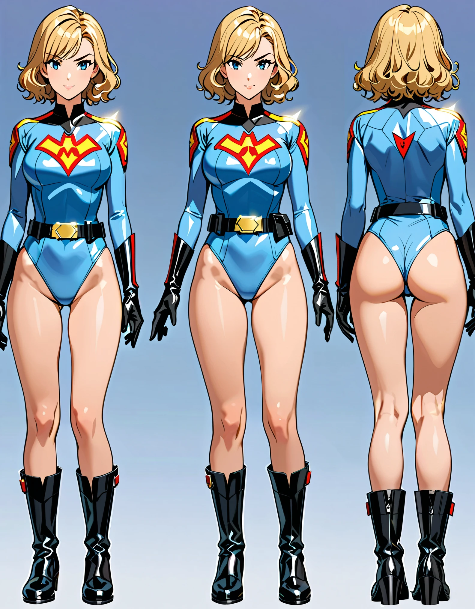 masterpiece, best quality, hires, 1girl, medium breasts, (leotard, light blue leotard), long sleeves, (lighting bolt \(emblem\) on chest), (bare legs), ((fastened tight belt)), black boots, matching boots, black gloves, solo, single, standing, superhero, beautiful detailed eyes, beautiful detailed face, blonde hair, (short hair), wavy hair, mature lady, teacher, perfect body. Simple background, Multiple Views, Character Sheet Full-Length.