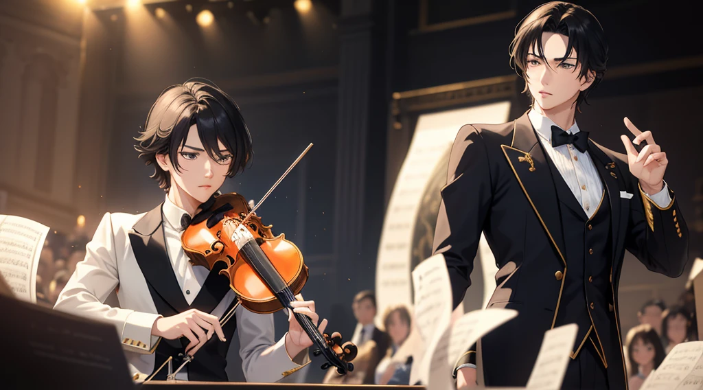 2d anime style, A strikingly dashing man, exuding elegance in his classical attire, skillfully plays a violin on stage at a grand concert amphitheater. The image captures his refined features, sculpted by soft lighting, as he expertly maneuvers the instrument with precision. This exquisite portrait, reminiscent of a Renaissance, showcases the musician's captivating presence and the timeless beauty of classical music performance