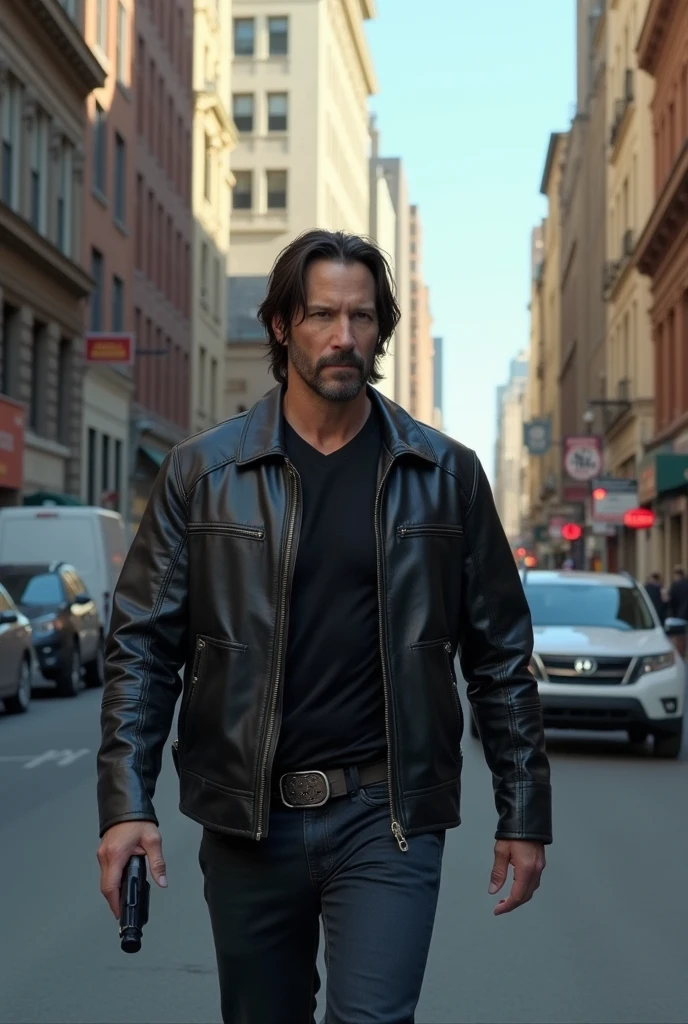 Keanu Reeves walks down the street，The surrounding buildings are displayed in digital form