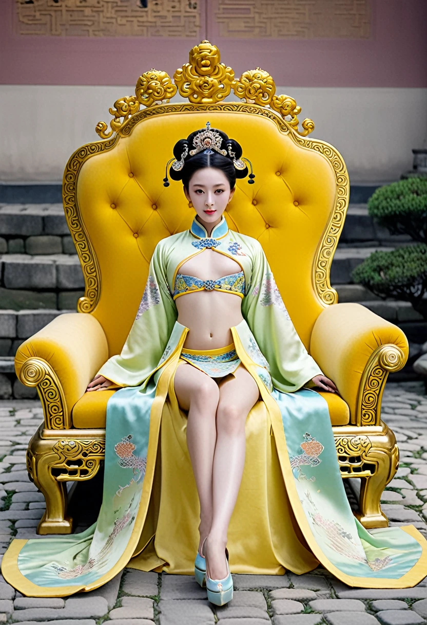 A gorgeous empress from the Chinese imperial court during the Qing Dynasty. A large yellow sofa with the empress naked and with her legs spread. A gorgeous empress from the Chinese imperial court with her hair tied on both sides. She is wearing a crown.、The background where she is tying her hair is、Cobblestones outside the Qing Dynasty Palace