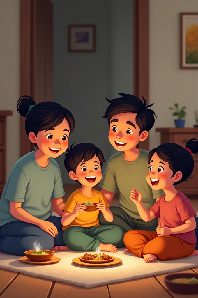 A middle class 4  membered family eating food sitting on the flor and they are very happy and joyful