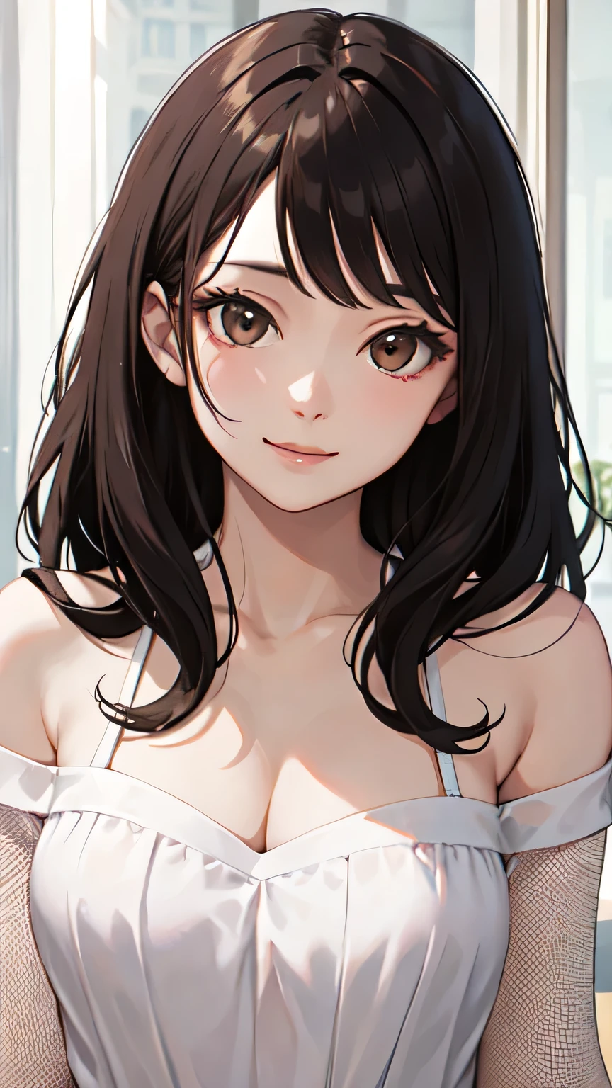 ((Highest quality)), ((masterpiece)), (detailed), One girl, Off-the-shoulder dress,Almond Eye,Brown eyes,Staring at me,smile,Close up of face,Side Lighting
