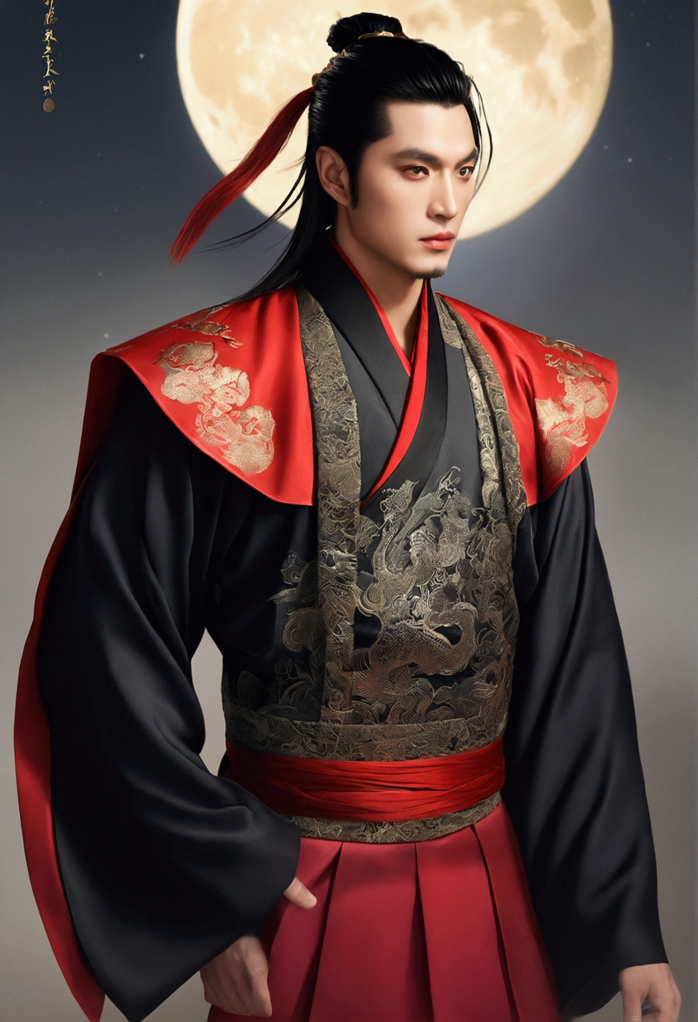 masterpiece, Highest quality, night, full moon, 1 person, Mature Men, ancient China, Chinese Palace, eagle, Black Hair, Iris, Split ends, Long Hair, Long Bangs, good looking, Diao noodles, Chinese crown, good looking, Masculine, Severe, kind, expensive, Calm, Alternating black and red clothing, Dark gold pattern, Bamboo leaf pattern, prince, Sword Combination, ~ side, Facial details, The face is delicate