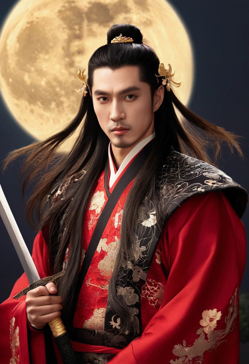 masterpiece, Highest quality, night, full moon, 1 person, Mature Men, ancient China, Chinese Palace, eagle, Black Hair, Iris, Split ends, Long Hair, Long Bangs, good looking, Diao noodles, Chinese crown, good looking, Masculine, Severe, kind, expensive, Calm, Alternating black and red clothing, Dark gold pattern, Bamboo leaf pattern, prince, Sword Combination, ~ side, Facial details, The face is delicate