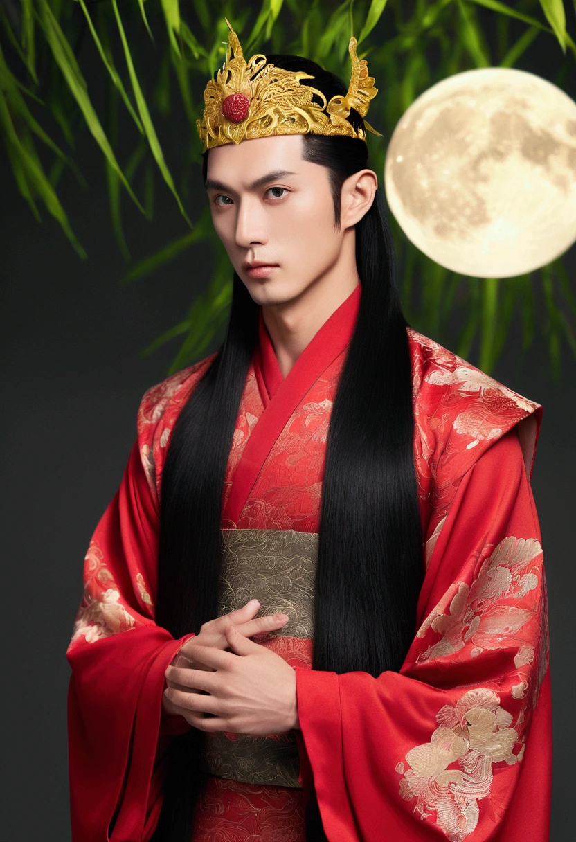masterpiece, Highest quality, night, full moon, 1 person, Mature Men, ancient China, Chinese Palace, eagle, Black Hair, Iris, Split ends, Long Hair, Long Bangs, good looking, Diao noodles, Chinese crown, good looking, Masculine, Severe, kind, expensive, Calm, Alternating black and red clothing, Dark gold pattern, Bamboo leaf pattern, prince, Sword Combination, ~ side, Facial details, The face is delicate