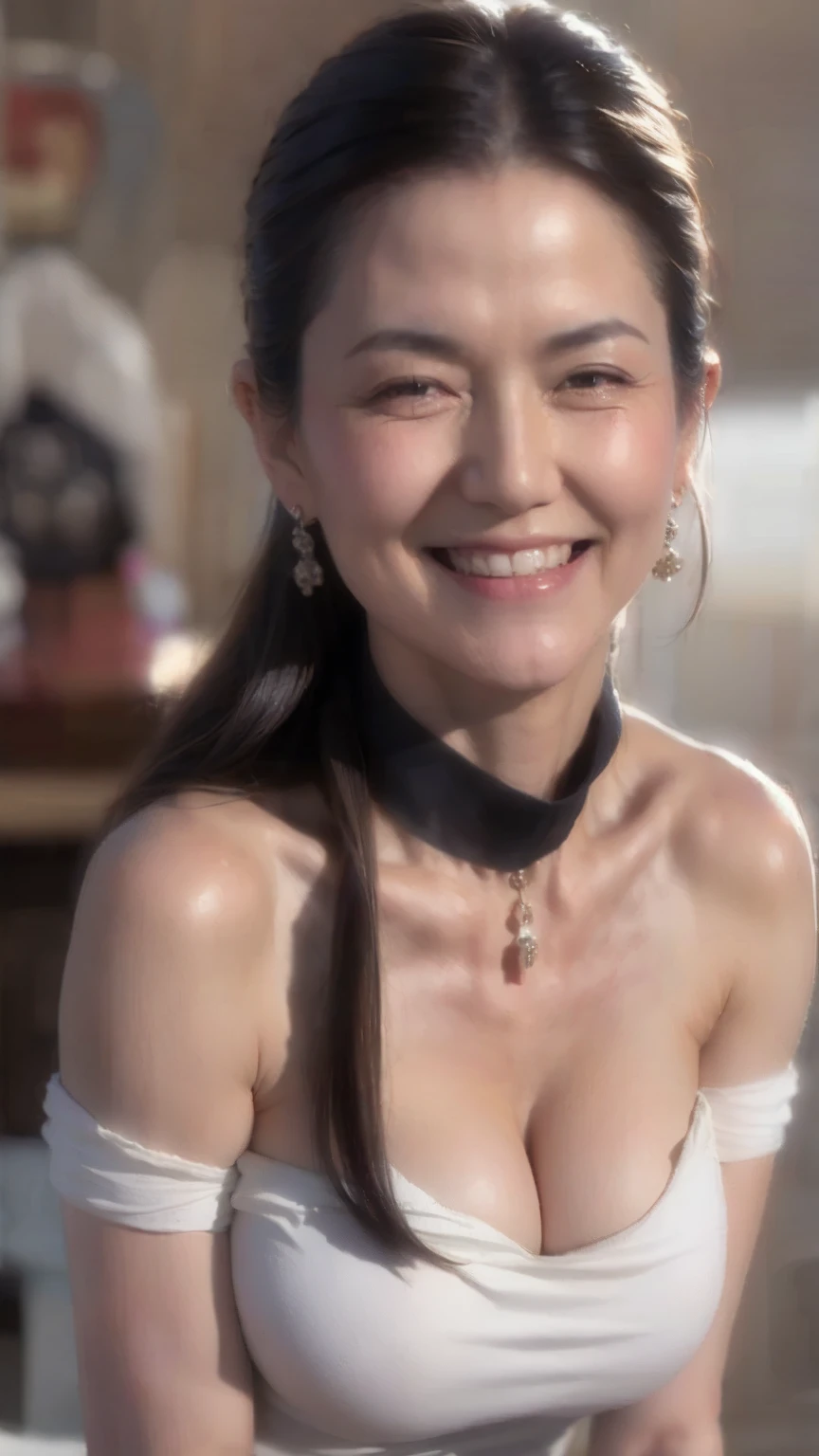 ((Highest quality, 8k, Ultra-high resolution)), ((masterpiece: 1.3)), (Perfect appearance), (Photorealism: 1.6), (JMA), (Who), (Portrait of a mature Japanese woman), (Blurred Background: 1.8), (sunny day in a park), (Woman standing in the shade), ((Look here)), ((Realistic skin texture)), (Fine wrinkles appear all over the skin, Dullness, Unmoisturized skin, Wrinkles around the eyes, double eyelid, Lower eyelid tear sulcus, Dimples, Slit eyes, corner of the eye), Slightly parted lips, Smiling Kindly, (Medium Wave Hairstyle), (Wide neckline fitted blouse: 1.2), (Lightweight blouse), (Voluptuous body), (Large Breasts), (Tight long skirt),
