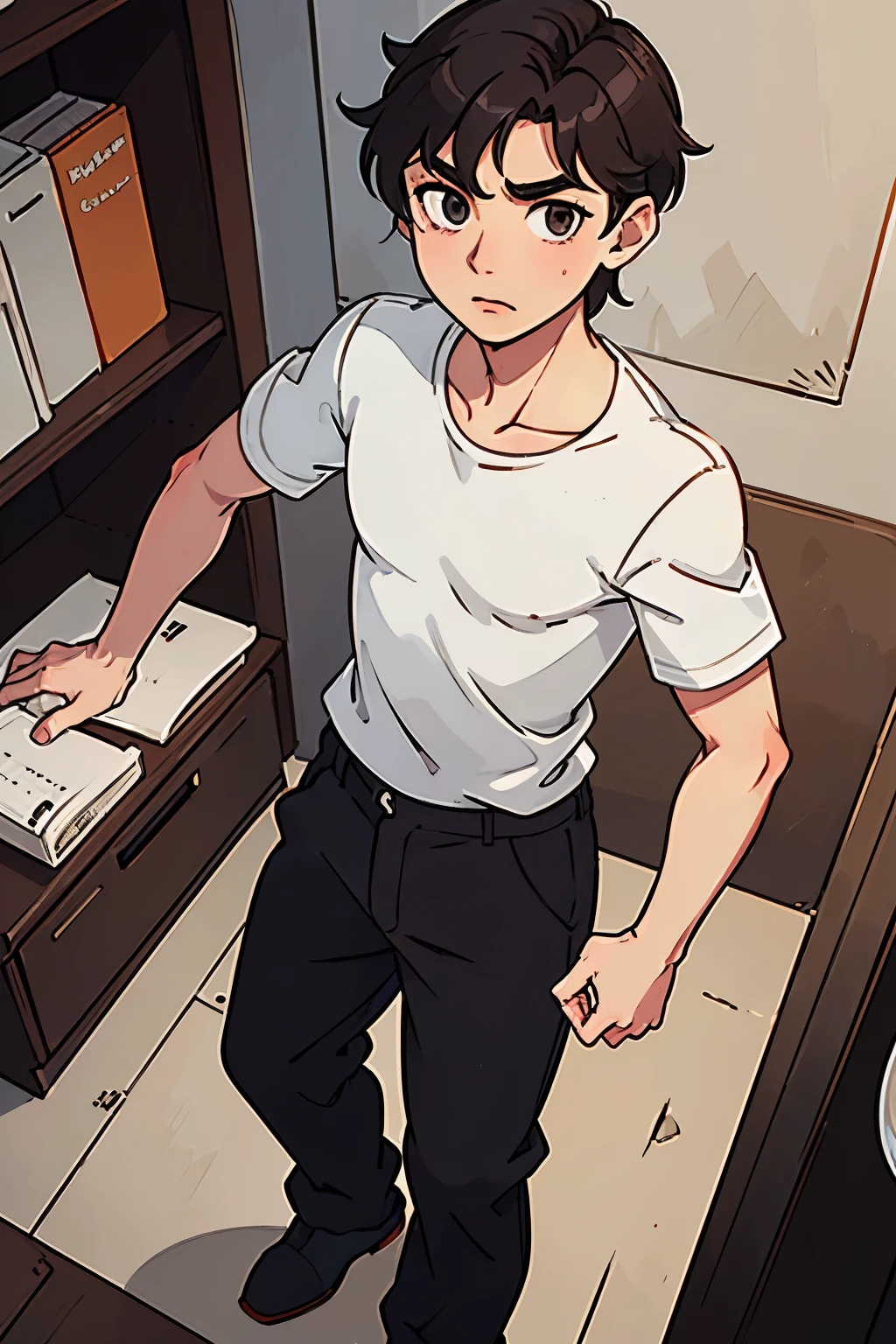 Create a Dark Haired Boy, brown dark eyes, and common physique, his clothes should be loose pants and a white shirt. Make it like a character sheet