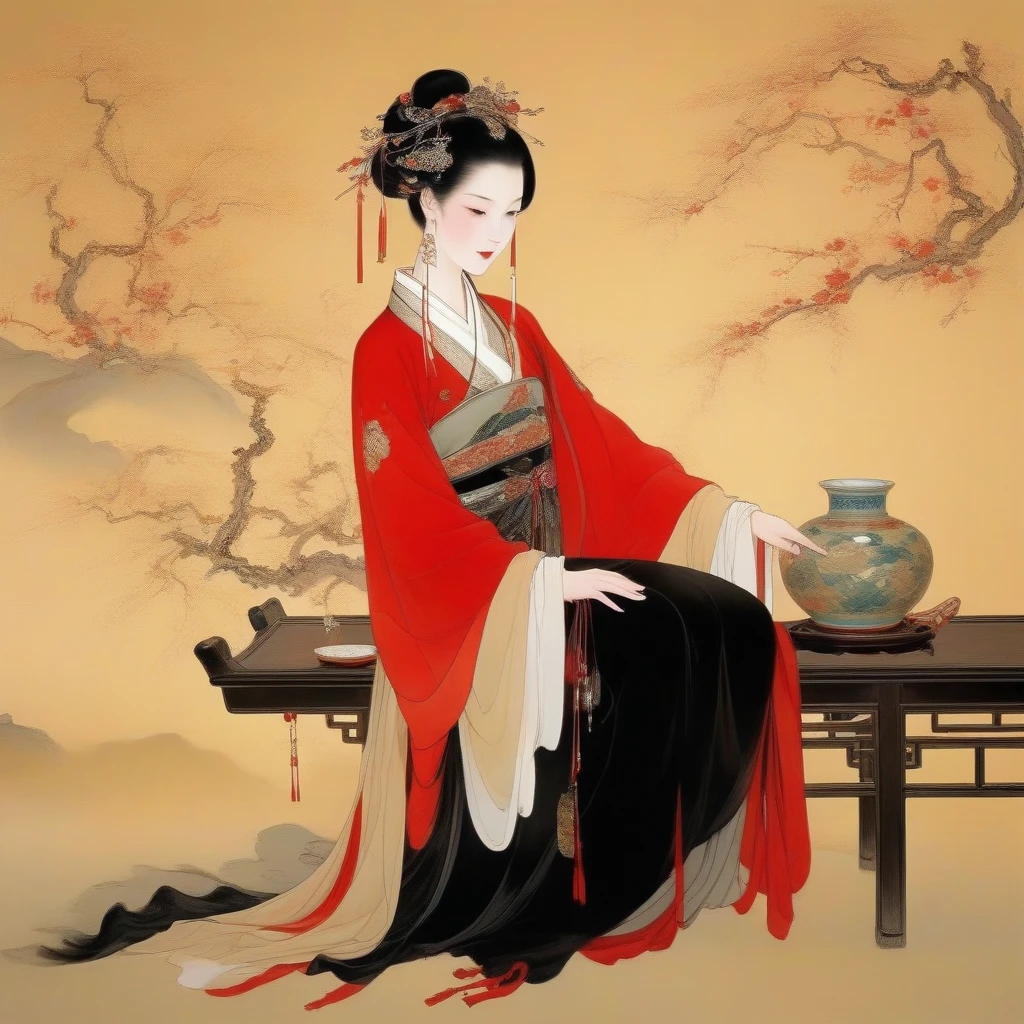 Wu Guanzhong,(The gorgeous and noble Concubine Yang of the Tang Dynasty of China is drinking wine:0.85),(Chinese Tang Dynasty red and gold costumes:0.65),Ornate headdress,high bun、Exposed breasts、Red silk draped over shoulders,Wearing a short shirt with narrow sleeves,Wearing a black floor-length skirt,Yang Guifei, a Tang Dynasty woman with a red belt hanging from her waist, is described as having exquisite facial features and a plump and well-proportioned body.。Her face is delicate,Have long, curved eyebrows,Resembling spring willow leaves,Eyes are big and full of energy,Eye corners raised slightly,The bridge of the nose is high and delicate,The small and rosy cherry mouth adds a lot of charm to her,Ears full and white,Hair is black and shiny,Highlights her fair skin,Good figure,The characteristic of women's clothing in the Tang Dynasty was skirts、shirt、The unity of Pei,Wu Guanzhong combines Chinese and Western,His oil paintings are fresh、Bright,Full of national characteristics and lyrical meaning。Later he engaged in innovating ink painting,His paintings are somewhere between figuration and abstraction,Points to note、The rhythm of blending lines and ink blocks,With strong artistic personality and modern flavor,Glasses. Her hair is long with yellow and black highlights,wear glasses,black and yellow hair
