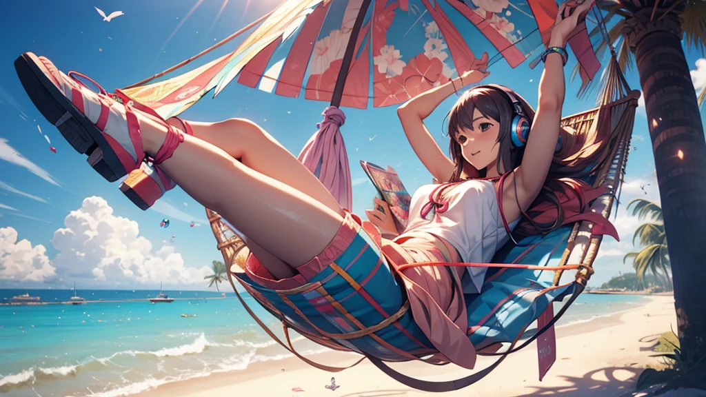 Woman wearing headphones, Anime Style 4 k, anime wallpaper 4k, anime wallpaper 4k, 4k anime wallpaper, anime art wallpaper 4k, anime art wallpaper 4k, Anime Style. 8k, Anime atmosphere, , Ultra HD Anime Wallpaper, Anime Art Wallpaper 8K, Anime Background,landscape、summer、island、hammock、hammockに揺られる、Beach