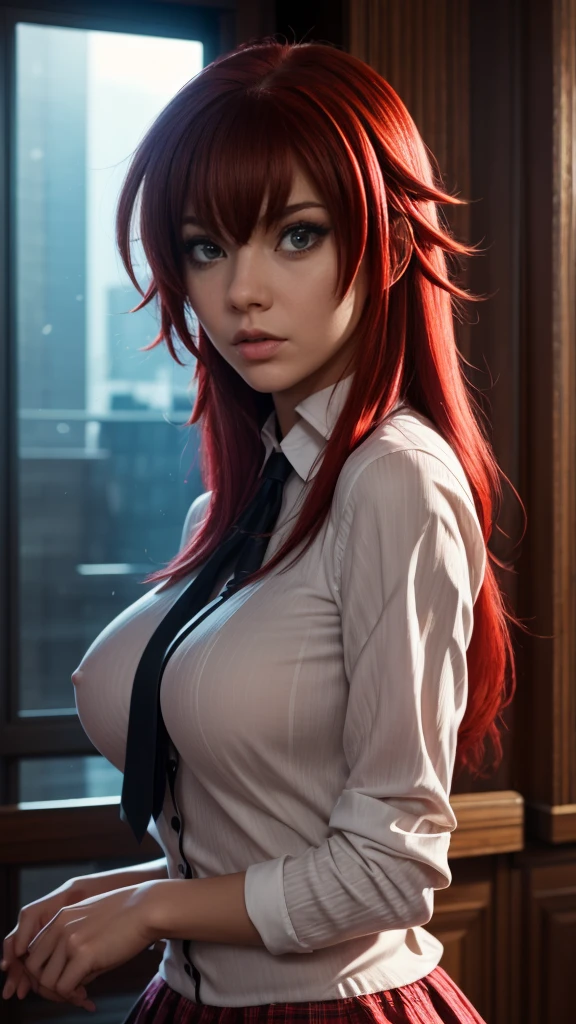 A  girl, sexypose, Nudie, The character rias gremory, fragile,rias, Beautiful figure,mini skirt, red hair,blue Eyes,unbottoned shirt shirt, sexy,big breasts, Realistic, Very detailed, handsome body, Detailed body, Detailed hands, Detailed, Vibrants, Detailed Face,rias' character design. Very detailed, Detailed body, Detailed hands, Detailed Face, anime art, extremely detailed CG unity 8k wallpaper, detailed light, Cinematic lighting, chromatic aberration, glittering, expressionless, epic composition, dark in the background, Cherecter Desing, Very detailed, Detailed body, Vibrants, Detailed Face, sharp-focus, anime art, Vibrants, Detailed Face, Hugh Details, sharp-focus,beautful face, A detailed eye, super fine illustration, better shadow, finely detail, Beautiful detailed glow, Beautiful detailed, Extremely detailed, expressionless, epic composition, Presented at artstation, Octane Render, artstation hd, Cinematic, 4 thousand., hypermaximalist, elegant