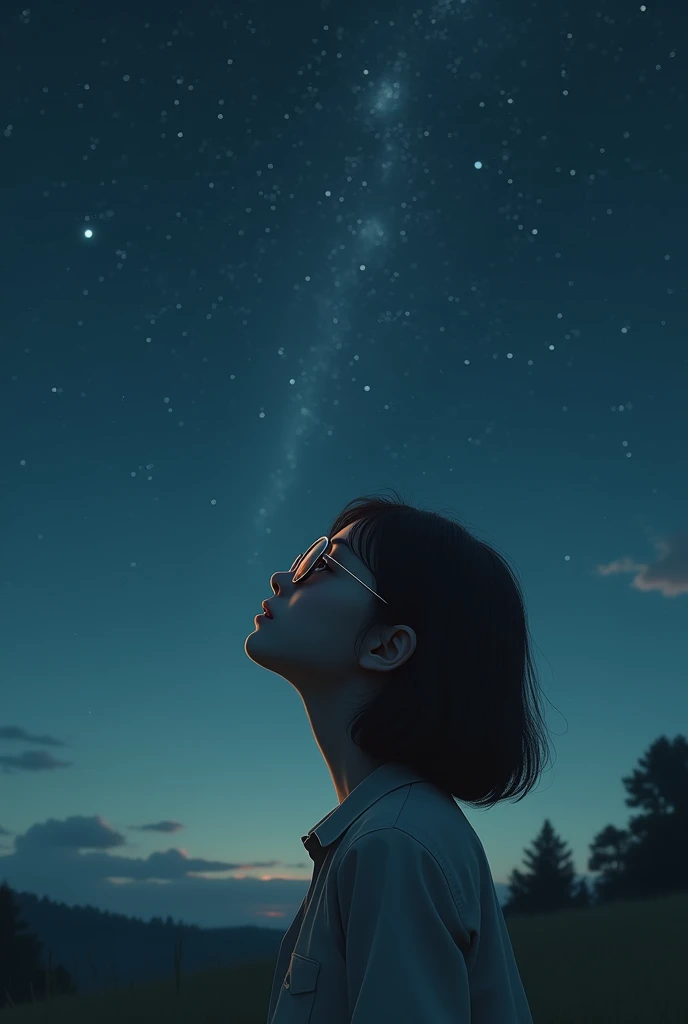 [Core Concept]
A young woman gazes up at the vast, starry night sky, her eyes concealed behind a pair of stylish sunglasses.

[Character Description]
The girl is depicted as a youthful, elegant figure, her features softened by the dim, ethereal lighting of the night. Her expression is one of wonder and contemplation as she takes in the grandeur of the cosmos above.

[Environment/Background]
The scene is set against a serene, nocturnal landscape, with the girl situated in an open, tranquil outdoor setting, perhaps a grassy field or a secluded hilltop, allowing for an unobstructed view of the celestial expanse.

[Style and Atmosphere]
The overall atmosphere is one of serenity and introspection, with a dreamlike, almost surreal quality to the scene, enhanced by the use of muted, moody tones and a sense of timelessness.

[Composition]
The composition places the girl at the center of the frame, her upturned gaze drawing the viewer's attention towards the captivating night sky, creating a sense of scale and wonder.

[Details and Embellishments]
Subtle details, such as the gentle breeze rustling the girl's hair or the faint glow of distant stars, add depth and realism to the scene, further immersing the viewer in the tranquil, contemplative moment.

[Technical Specifications]
The image is rendered with a high level of detail and precision, utilizing a combination of photorealistic and stylized elements to create a visually striking and emotionally evocative representation of the scene.