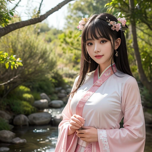 best quality, Delicate face，beautiful visual work, lifelike, eternity, black hair, Long curly hair, blunt bangs, Smile, Detailed Background, Delicate face，blush，cold，((masterpiece))、(top quality)、8k、high detail、Super detailed，41-year-old female，身穿唐制Hanfu、waist skirt, Clothes are light and fluffy，Hanfu, wide sleeves, Transparent sleeves, Tunic, Clothes made of chiffon, masterpiece、born、Scenes resembling fairy tale illustrations、intricate details和複雜的設計、Beautifully、magic、capricious、 Beautifully、Dream aesthetics、「𝓡𝓸𝓶𝓪𝓷𝓽𝓲𝓬、ethereal、charming、fickle、magic」、realism、Visual effects、FXAA、SSAO、Shader、voiceless、ambient lighting、Tone mapping、High resolution、Ultra high quality、Million pixels、(8K resolution:1.10)、8k、8k以下、8K resolution、high detail、intricate details， (high quality:1.2、masterpiece:1.2、:1.21)、(41-year-old female:1.21)、(興奮地Smile)、(被dream般的氛圍所包圍、Model diagram，full-body shot，Normal 2 feet，Put your hands behind you，The protrusion of the breast is visible when wearing clothes, Large Breasts, H cup chest, antiquity, Xian Xia, gauze clothes, Soft and fluttering, Fairy, dream, fantasy, light, Elegant, nature, Immortal, romantic, classical, ribbon, pink clothes, in tall woods, In the woods like a martial arts drama, Don&#39;t show your fingers, full-body shot，floor length skirt, full-body shot，full-body shot，full-body shot，full-body shot，full-body shot，full-body shot，full-body shot，hands hidden in clothes, hands hidden in clothes,hands hidden in clothes,hands hidden in clothes,hands hidden in clothes,hands hidden in clothes,hands hidden in clothes,hands hidden in clothes,hands hidden in clothes, ,hands hidden in sleeves ,hands hidden in sleeves ,hands hidden in sleeves ,hands hidden in sleeves ,hands hidden in sleeves ,hands hidden in sleeves ,hands hidden in sleeves ,hands hidden in sleeves, arms behind back, arms behind back