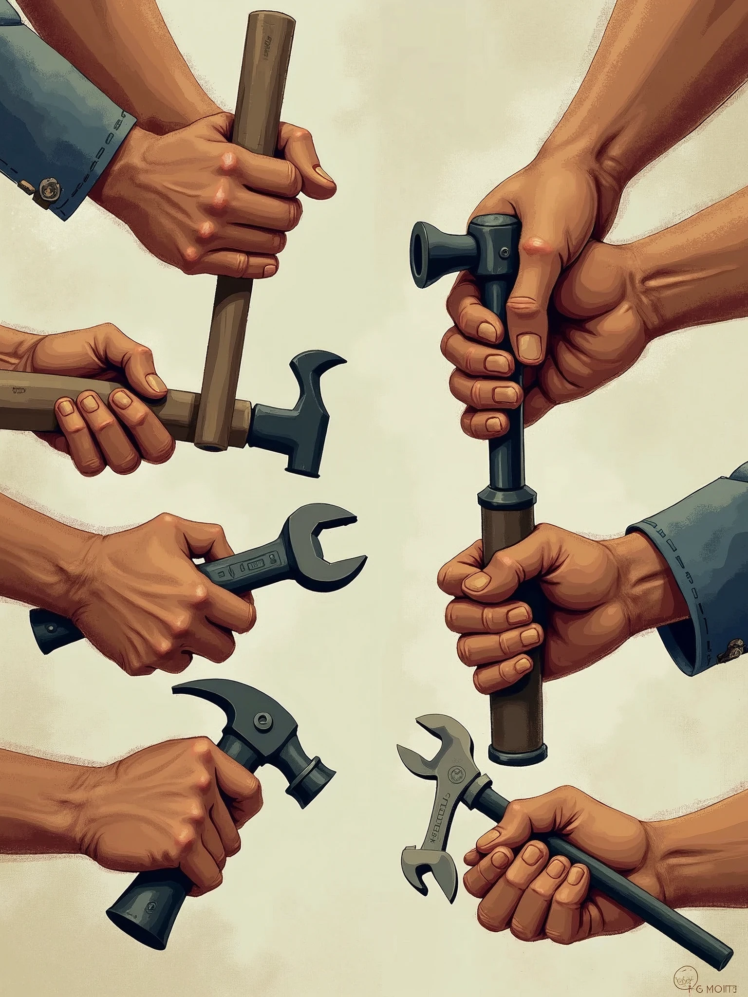 Generates a picture of labor, with hands holding various construction tools, in a retro illustration style
