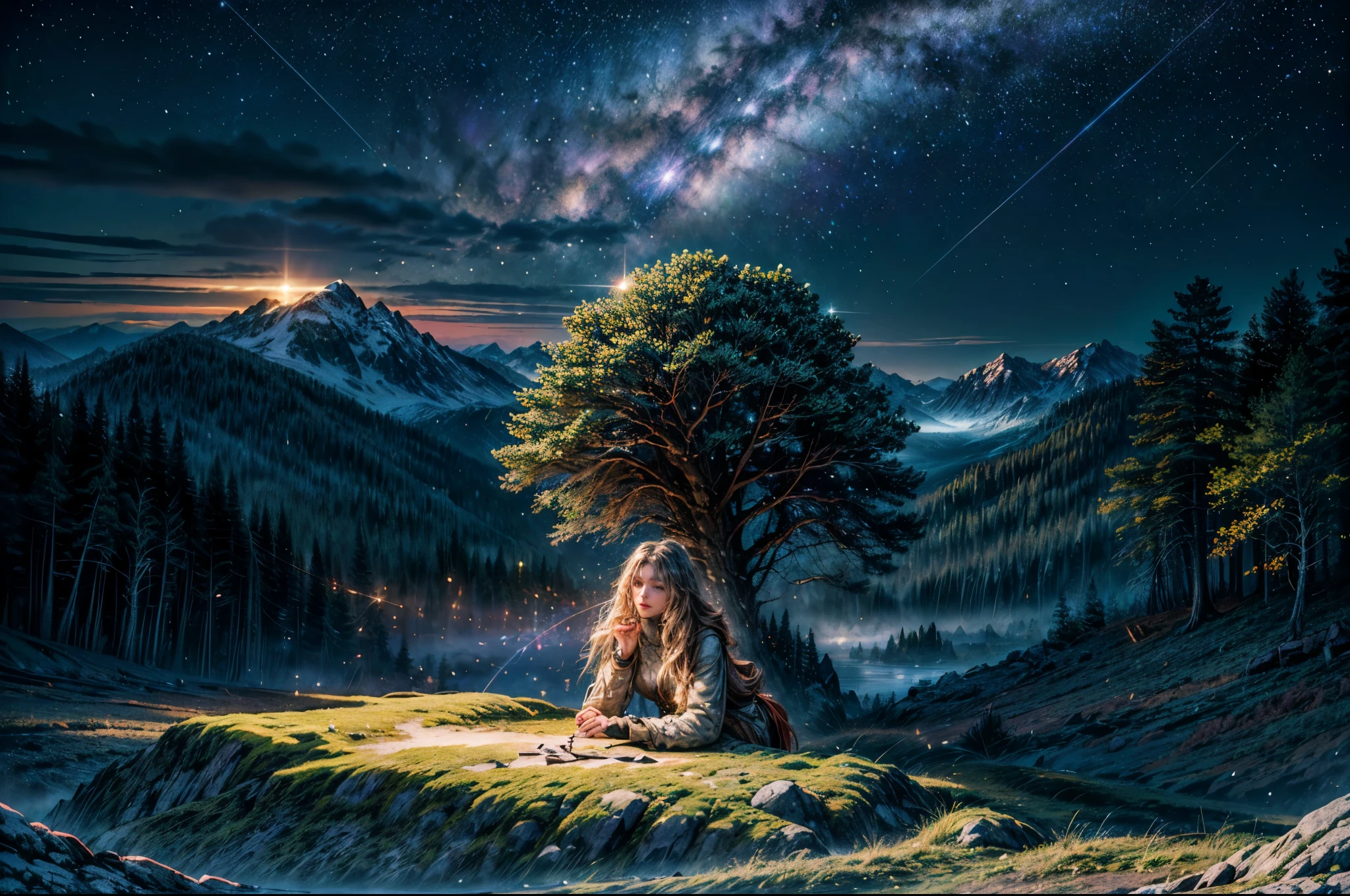 (Logo, Amazing, 8K, Table, Raw Photo, Amazing, Top Quality, Photorealistic and Highly Detailed, CG, High Quality, Highly Detailed, Narrative Verse, Particle Effects, Dynamic Effects, Text Border the depth, bright cinematic lights, flares, sparks, glowing, raytracing, tabletop, realistic, ultra HD, fantasy), the wind, the beauty and brilliance of tall dramatic mountains and forests, the serenity and beauty of the world's grasslands and vast forest lands, Lakeside, wonderful scenery, beautiful natural scenery, night, starry sky, nebula, constellation, full moon, space, gorgeous, view, water, constellation, wonder, fantastic, meteor, magic, best illumination, best shadow