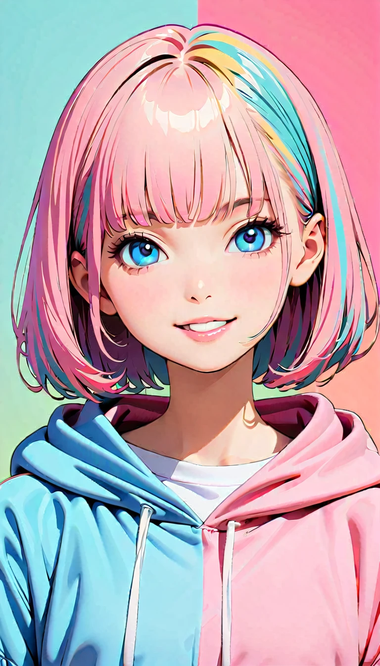 (Highest quality:1.2, City Pop Style, Very detailed, Latest, Vibrant, High Contrast, masterpiece:1.2,Best aesthetics), girl, ((Face Up Shot:1.4)), Colorful Hair, Bobcut, Wearing a hoodie, Lips pink, lip, smile, Half Eye, pastel colour, 1980s style, ((Retro, Vintage, Plain background))