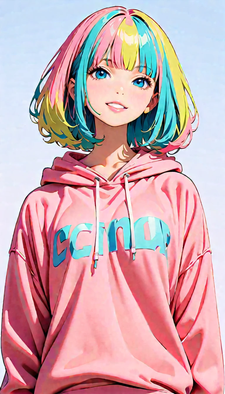 (Highest quality:1.2, City Pop Style, Very detailed, Latest, Vibrant, High Contrast, masterpiece:1.2,Best aesthetics), girl, ((Face Up Shot:1.4)), Colorful Hair, Bobcut, Wearing a hoodie, Lips pink, lip, smile, Half Eye, pastel colour, 1980s style, ((Retro, Vintage, Plain background))