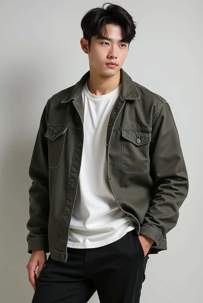 create a korean man with young and beautiful face, Cao Cao, muscular and casual style clothing