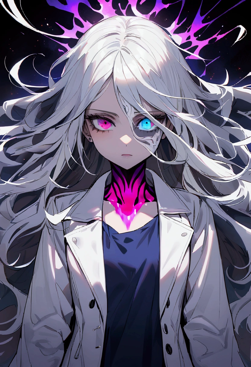 Teenage girl, tidy hair, long hair, multicolored gray and white hair, eye white, face neutral, white tattoos on the body, ripped dark blue shirt, white overcoat, metallic aura