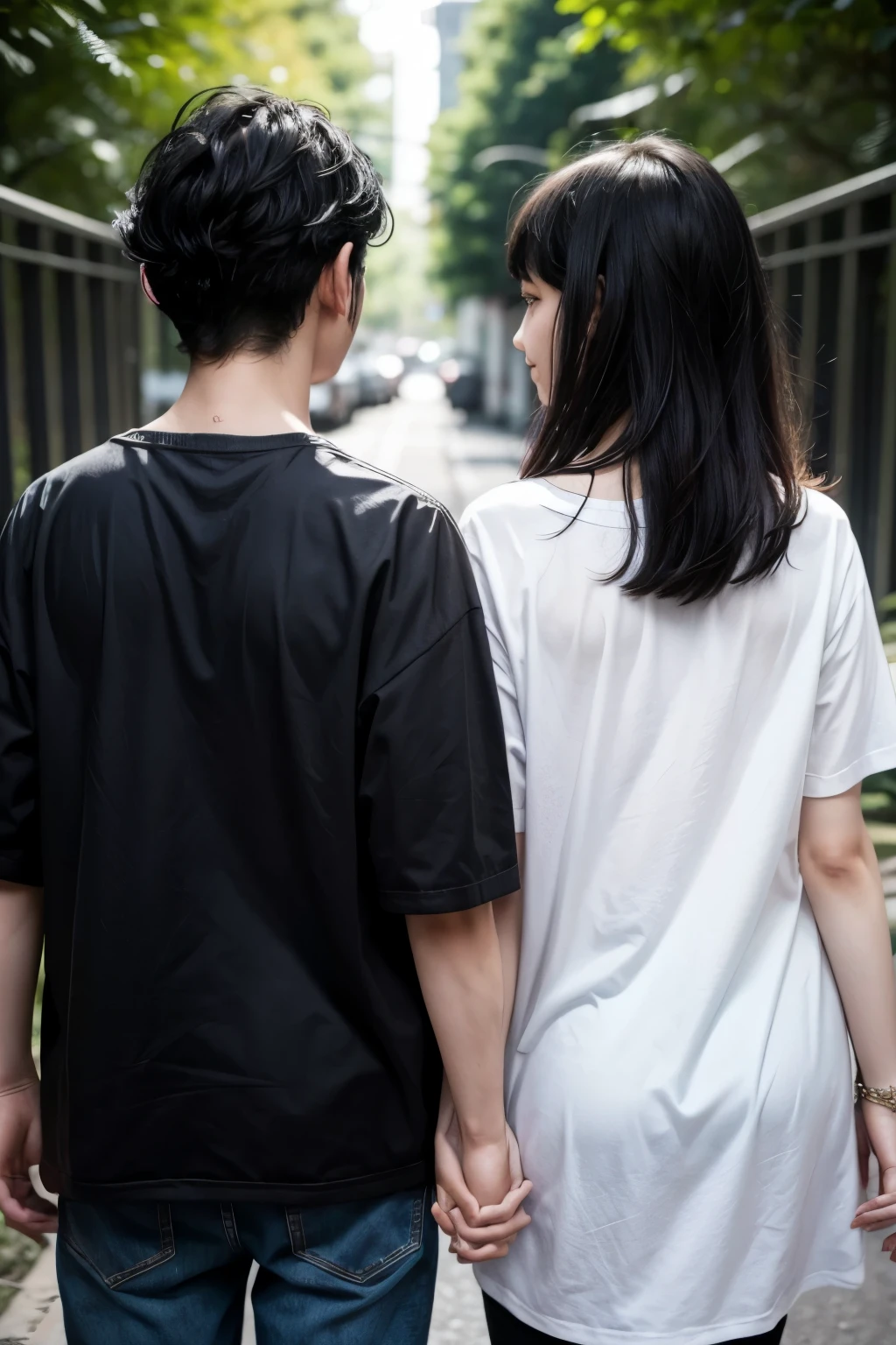 Couple: skinny black-haired boy and chubby black-haired girl, from behind, holding hands