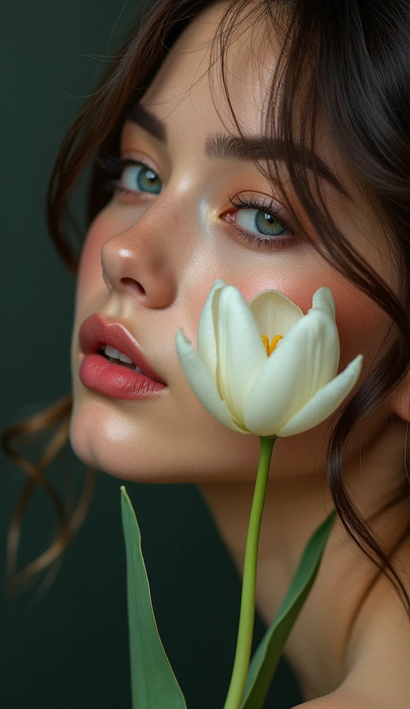 A mesmerizing cinematic portrayal of a stunning portrait painting featuring a woman's enchanting cheek adorned with a single, delicate white tulip. The tulip sits gracefully on her cheek, its petals illuminated by soft, dreamy light. The artist's masterful use of Metchley oil and alcohol ink creates a highly detailed and captivating masterpiece that beautifully captures the allure of nature and the elegance of the female form. The deep, rich strokes of paint and the intricate contours of the artwork evoke a sense of awe, making it truly magical to behold., painting, cinematic