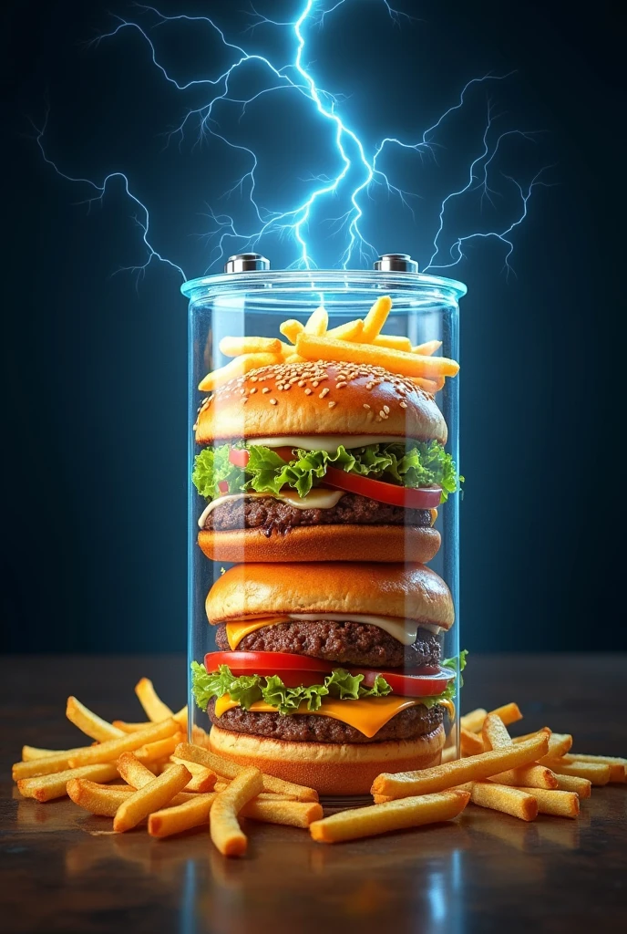 create an image where there is a battery of electricity filled with hamburgers, French fries, gives, pizza. The food has to be inside the power battery