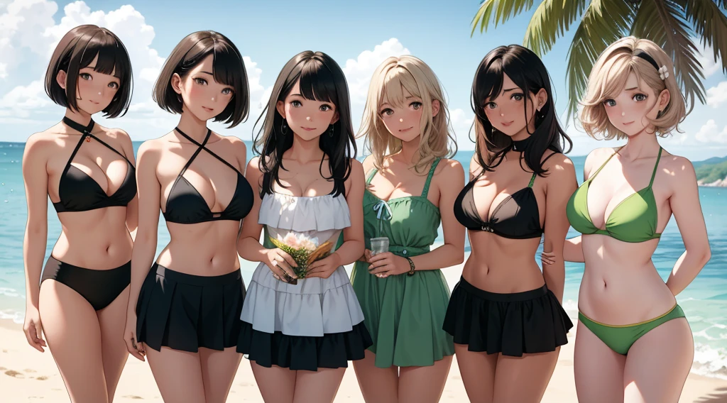 (Highest quality:1.1), (masterpiece:1.2), Five Girls，Swimwear，Are standing，High Quality Shadows, Beautiful details, Beautiful Face, Detailed eyes,Depth of written boundary, High resolution, Best Shadow, Best lighting, daughter, Displaying the viewer, （Five-colored hair:1.3)，Brush Cut，Very short hair, Blunt bangs, Long Hair, Iris, shy, Large Breasts, mini skirt, Swimwear, pump, Sea Beach，green，cloud， Sunburn，Boo Markers，Cleavage，Looking into the camera，smile，closeup Cleavage，Super Skirt