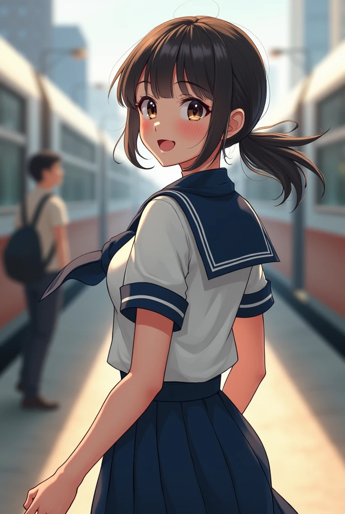 A grown-up woman in a sailor uniform turns around、While peering「I'll be waiting」Saying this, he cheerfully runs off.