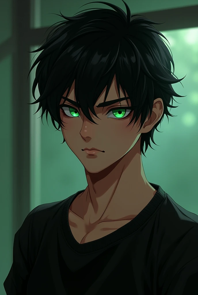 Eighteen-year-old black-haired boy, green eyes, egocentric and attractive, he looks like he wants to kill you, black shirt, brawvny. Illustrate Digital Image of videogames.
