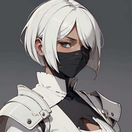 (masterpiece), (best quality),(portrait),(bust up),1girl,solo,(sharp focus),(look at viewer),bob cut,n_2b,blindfold, black blindfold, white hair,,ancient long clothes,(simple background),old school fantasy art,knight outfit