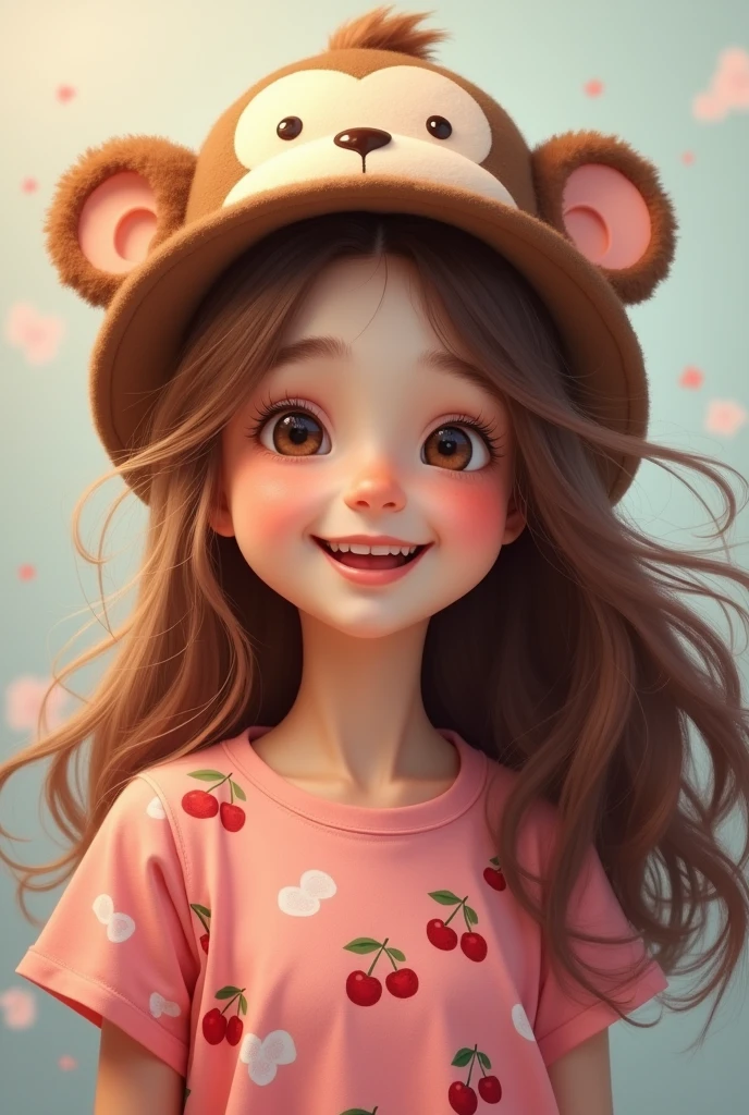 ³²a cute ager with brown hair and wearing a monkey hat and a cherry
