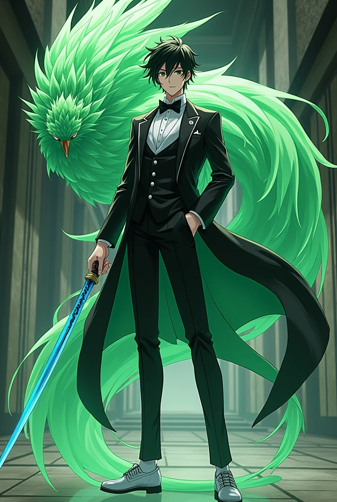Kenja Ashura a handsome elegant Assassin with short black-green hair in a black and white suit Chuya styles from Bungou Stray Dogs to Alchemist with white eyes with black shoes, a cheerful and elegant personality with a blue katana, green phoenix version
