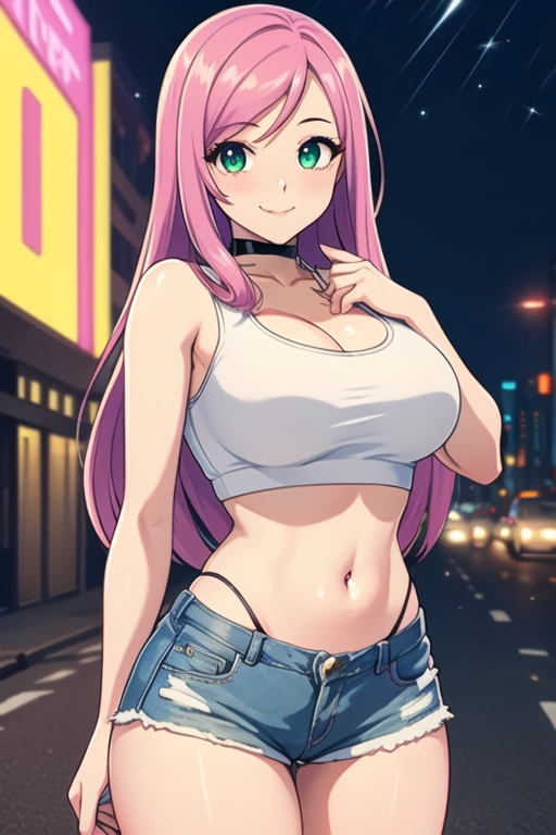 1 girl, 19 years old, Long pink hair, green eyes with slit pupils, master-piece, best quality, (standing up), (white crop top), (white spaghetti strapped crop top、denim short shorts and cleavage),  (Big , ultra gigantic , Super super big, Glamorous body), Make eye contact with the camera, front figure, looking forward, (light_Smile:1.5), (Detailed hands and fingers:1.2) (Cyberpunk City)、(Cyberpunk city at night), (FULL BODYSHOT), thighs thighs thighs thighs、beauty legs、