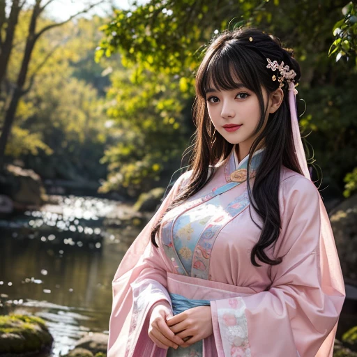 best quality, Delicate face，beautiful visual work, lifelike, eternity, black hair, Long curly hair, blunt bangs, Smile, Detailed Background, Delicate face，blush，cold，((masterpiece))、(top quality)、8k、high detail、Super detailed，41-year-old female，身穿唐制Hanfu、waist skirt, Clothes are light and fluffy，Hanfu, wide sleeves, Transparent sleeves, Tunic, Clothes made of chiffon, masterpiece、born、Scenes resembling fairy tale illustrations、intricate details和複雜的設計、Beautifully、magic、capricious、 Beautifully、Dream aesthetics、「𝓡𝓸𝓶𝓪𝓷𝓽𝓲𝓬、ethereal、charming、fickle、magic」、realism、Visual effects、FXAA、SSAO、Shader、voiceless、ambient lighting、Tone mapping、High resolution、Ultra high quality、Million pixels、(8K resolution:1.10)、8k、8k以下、8K resolution、high detail、intricate details， (high quality:1.2、masterpiece:1.2、:1.21)、(41-year-old female:1.21)、(興奮地Smile)、(被dream般的氛圍所包圍、Model diagram，full-body shot，Normal 2 feet，Put your hands behind you，The protrusion of the breast is visible when wearing clothes, Large Breasts, H cup chest, antiquity, Xian Xia, gauze clothes, Soft and fluttering, Fairy, dream, fantasy, light, Elegant, nature, Immortal, romantic, classical, ribbon, pink clothes, in tall woods, In the woods like a martial arts drama, Don&#39;t show your fingers, full-body shot，floor length skirt, full-body shot，full-body shot，full-body shot，full-body shot，full-body shot，full-body shot，full-body shot，hands hidden in clothes, hands hidden in clothes,hands hidden in clothes,hands hidden in clothes,hands hidden in clothes,hands hidden in clothes,hands hidden in clothes,hands hidden in clothes,hands hidden in clothes, ,hands hidden in sleeves ,hands hidden in sleeves ,hands hidden in sleeves ,hands hidden in sleeves ,hands hidden in sleeves ,hands hidden in sleeves ,hands hidden in sleeves ,hands hidden in sleeves, arms behind back, arms behind back