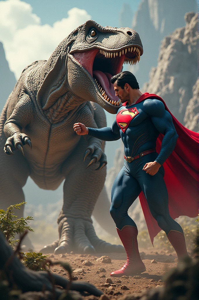 Superman fighting a dinosaur