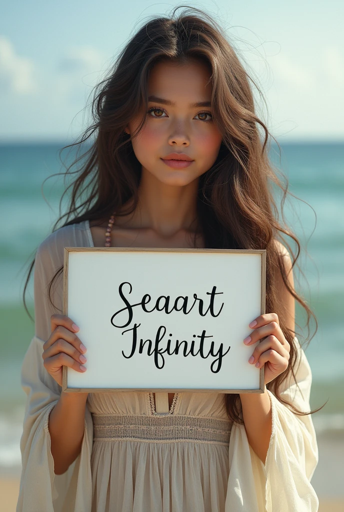 Beautiful girl with wavy long hair, bohemian dress, holding a white board with text "I Love Seaart Infinity" and showing it to the viewer