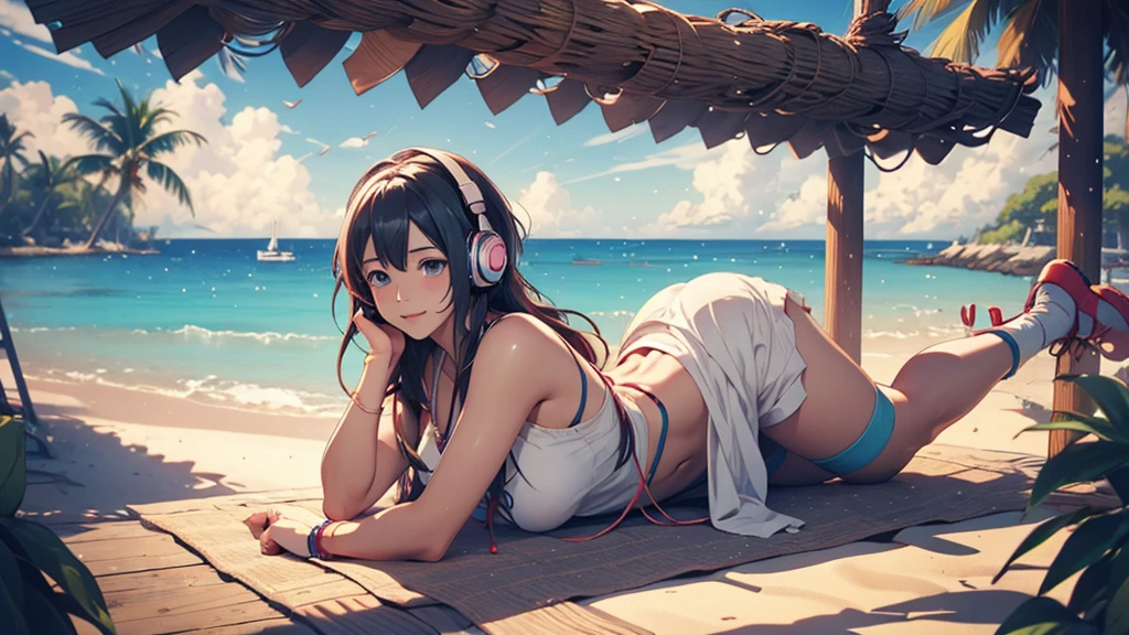 Woman wearing headphones, Anime Style 4 k, anime wallpaper 4k, anime wallpaper 4k, 4k anime wallpaper, anime art wallpaper 4k, anime art wallpaper 4k, Anime Style. 8k, Anime atmosphere, , Ultra HD Anime Wallpaper, Anime Art Wallpaper 8K, Anime Background,landscape、summer、island、hammock、hammockに揺られる、Beach