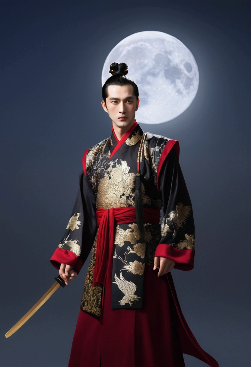 masterpiece, Highest quality, night, full moon, 1 person, Mature Men, ancient China, Chinese Palace, eagle, Black Hair, Iris, Split ends, Long Hair, Long Bangs, good looking, Diao noodles, Chinese crown, good looking, Masculine, Severe, kind, expensive, Calm, Alternating black and red clothing, Dark gold pattern, Bamboo leaf pattern, prince, Sword Combination, ~ side, Facial details, The face is delicate