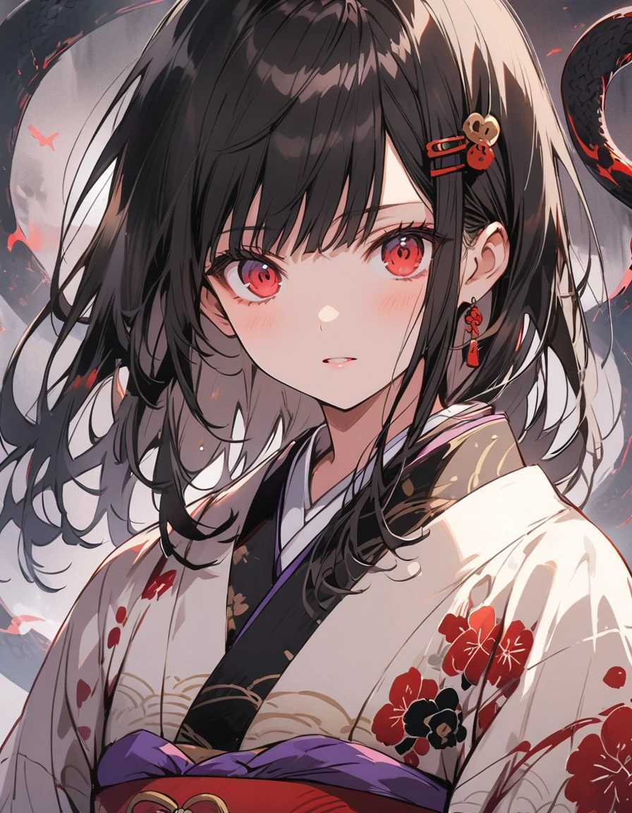 Japanese、One Woman、Long black hair、Japanese style anime touch、Hairpin、snake background、Scary atmosphere、mysterious