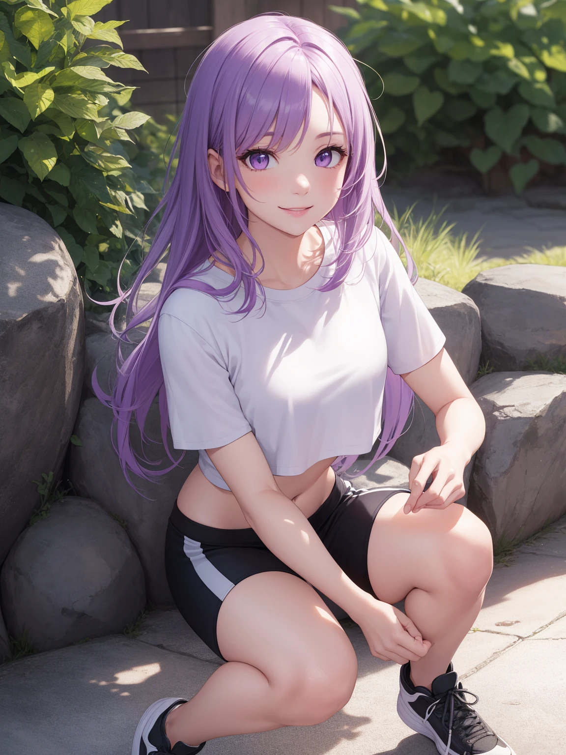 (extremely detailed CG unity 8k wallpaper),(masterpiece),(best quality),(ultra-detailed),(best illustration),(best shadow),1girl, solo, purple eyes, looking at viewer, long hair, closed mouth, purple hair, bangs, outdoors, sidelocks, pale skin, no pupils, pretty, full body, wearing a white cropped t-shirt, black shorts, small breasts, 34 years old, adult, smiling, hair down, mature, athletic shorts, crop top, detailed eyes, perfect eyelashes, perfect hands