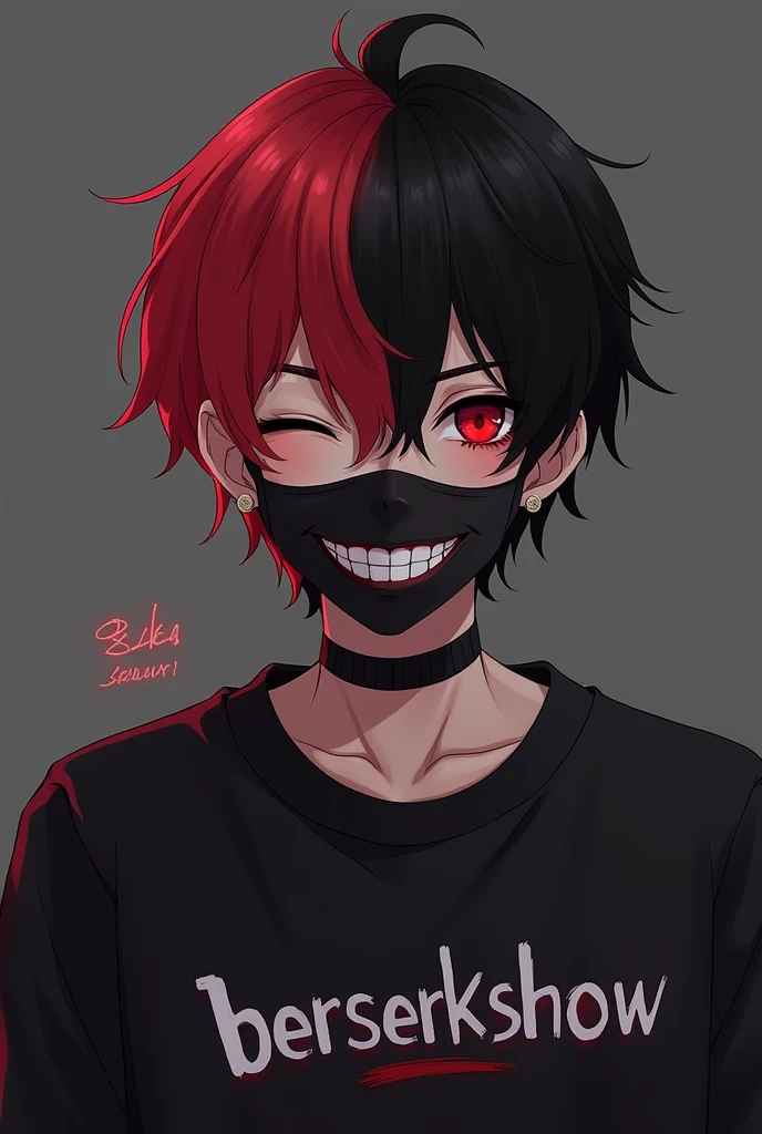 BTS's Jeon Jungkook inspired character with a red eye, a macabre smile, On a neutral dark background, Two hair colors red and black, with a sweatshirt written "berserkshow", and a mask covering only the mouth