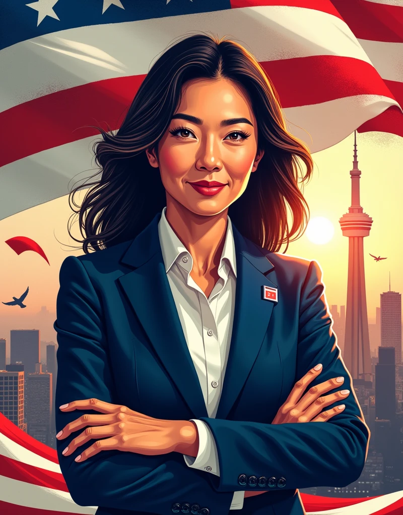 [Core Concept]
A powerful and inspirational campaign poster for a Japanese-American woman running for state governor, highlighting her platform of  and justice.

[Character Description]
The central figure is a confident, determined Japanese-American woman in her 40s or 50s, her gaze direct and unwavering as she projects an air of strength and leadership.

[Environment/Background]
The background is a blend of patriotic imagery, including a waving American flag, symbols of , and a sleek, modern cityscape that suggests progress and innovation.

[Style and Atmosphere]
The overall aesthetic is bold, dynamic, and visually striking, with a color palette of rich reds, whites, and blues that convey a sense of American pride and determination.

[Composition]
The composition is balanced and symmetrical, with the candidate's portrait taking center stage and the campaign slogan prominently displayed in a clean, impactful font.

[Details and Embellishments]
Subtle design elements, such as subtle patterns or geometric shapes, add depth and visual interest to the poster, while the candidate's confident pose and attire suggest her professionalism and gravitas.

[Technical Specifications]
The poster is designed for high-resolution printing, with a clean, modern layout that would be eye-catching and memorable when displayed in public spaces.
