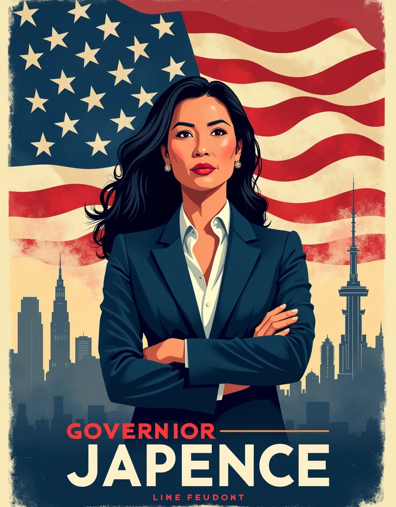 [Core Concept]
A powerful and inspirational campaign poster for a Japanese-American woman running for state governor, highlighting her platform of  and justice.

[Character Description]
The central figure is a confident, determined Japanese-American woman in her 40s or 50s, her gaze direct and unwavering as she projects an air of strength and leadership.

[Environment/Background]
The background is a blend of patriotic imagery, including a waving American flag, symbols of , and a sleek, modern cityscape that suggests progress and innovation.

[Style and Atmosphere]
The overall aesthetic is bold, dynamic, and visually striking, with a color palette of rich reds, whites, and blues that convey a sense of American pride and determination.

[Composition]
The composition is balanced and symmetrical, with the candidate's portrait taking center stage and the campaign slogan prominently displayed in a clean, impactful font.

[Details and Embellishments]
Subtle design elements, such as subtle patterns or geometric shapes, add depth and visual interest to the poster, while the candidate's confident pose and attire suggest her professionalism and gravitas.

[Technical Specifications]
The poster is designed for high-resolution printing, with a clean, modern layout that would be eye-catching and memorable when displayed in public spaces.